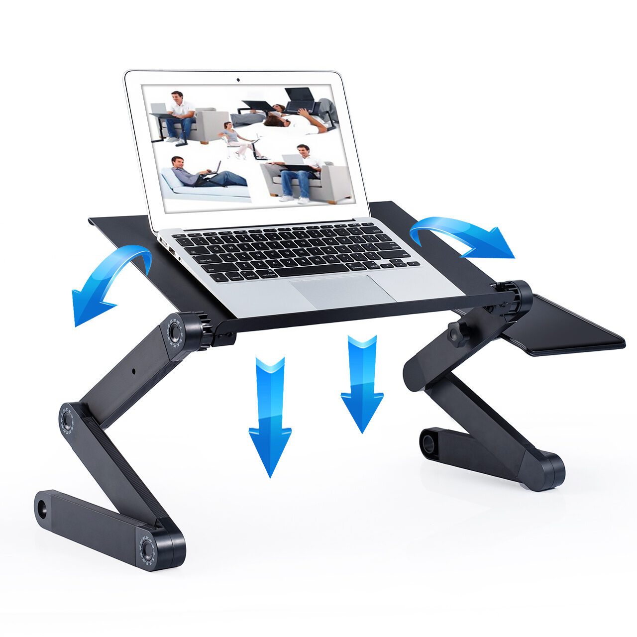 Adjustable Laptop Stand with 2 Cooling Fans – Aluminum Lap Desk with Mouse Pad, Foldable Cook Book Stand for Bed or Sofa