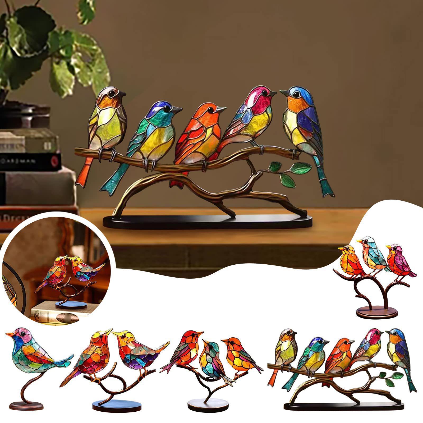 Stained Birds on Branch – Desk Ornaments for Bird Lovers’ Home Decor