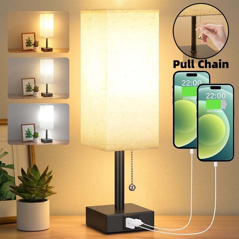 Nightstand Lamp with Pull Chain for Bedroom, Living, Reading, and Work